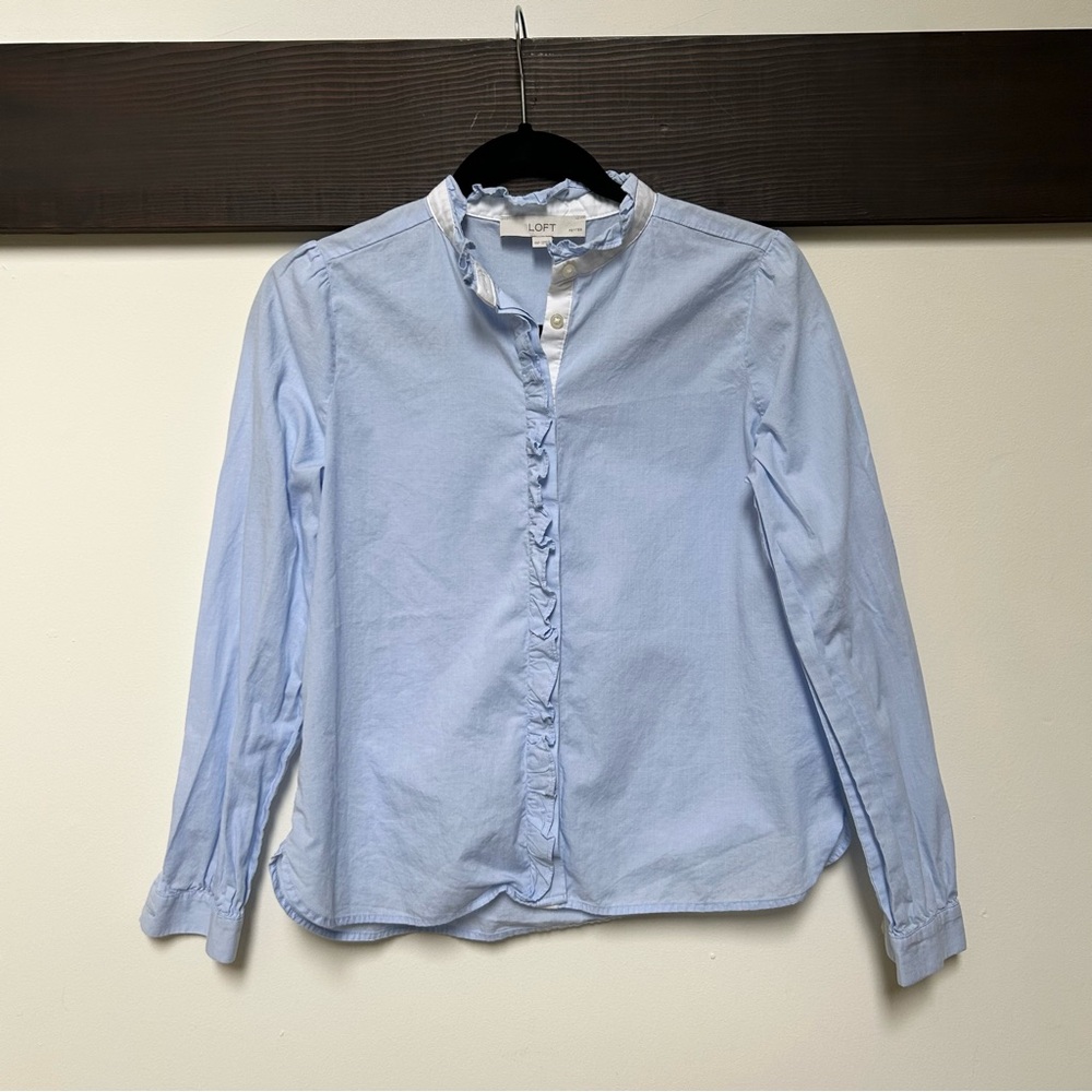 LOFT Light Blue Ruffle Collar Blouse
